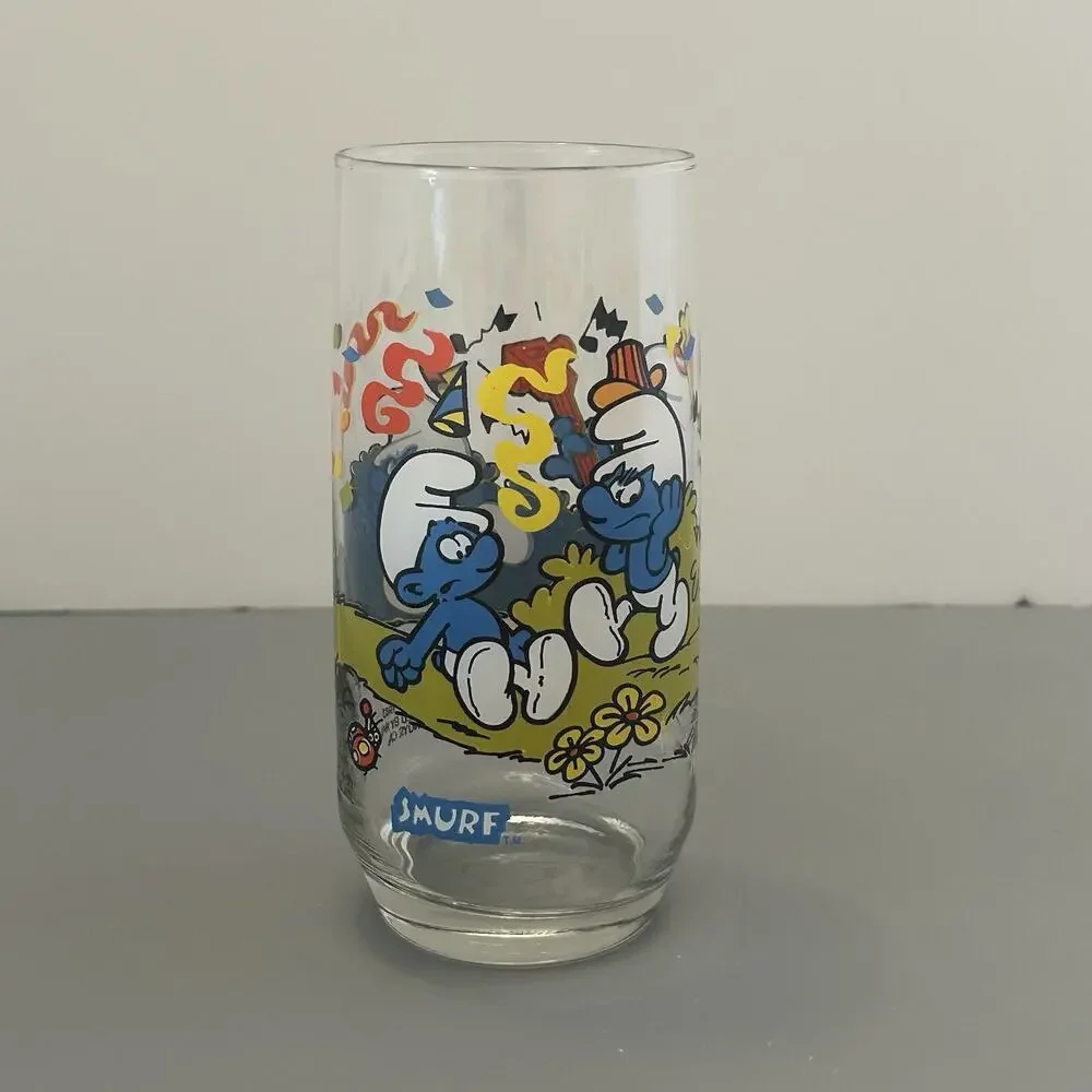 Smurf Clumsy and Harmony Collector Glass/Tumbler 1983 Peyo Vintage 6” Lot of 2